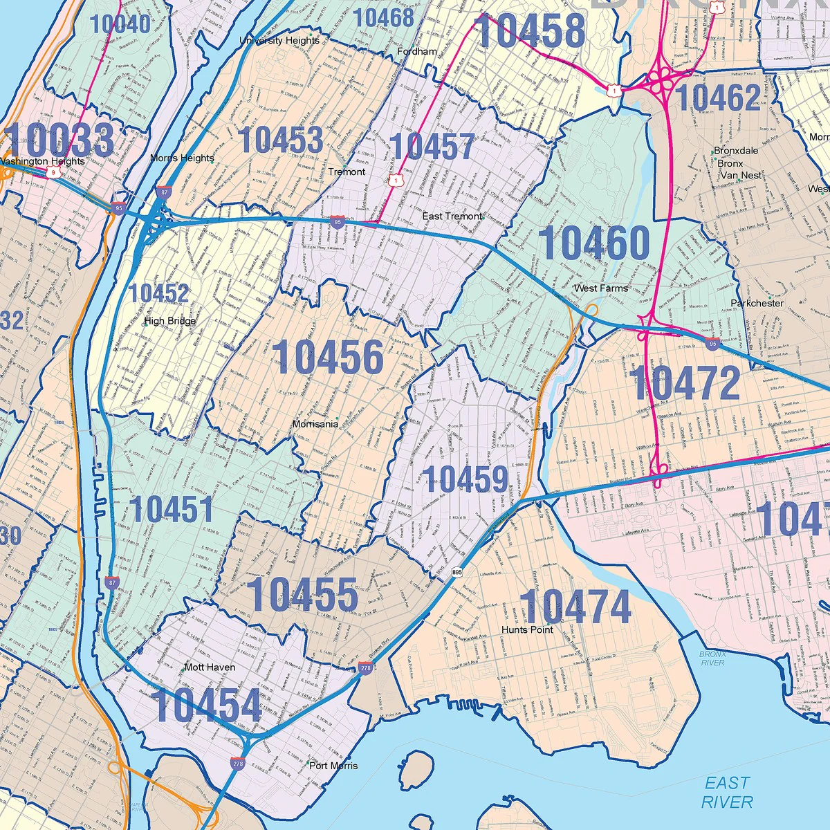 Color Cast Zip Code Style Wall Map Of New York, NY - American Map Store